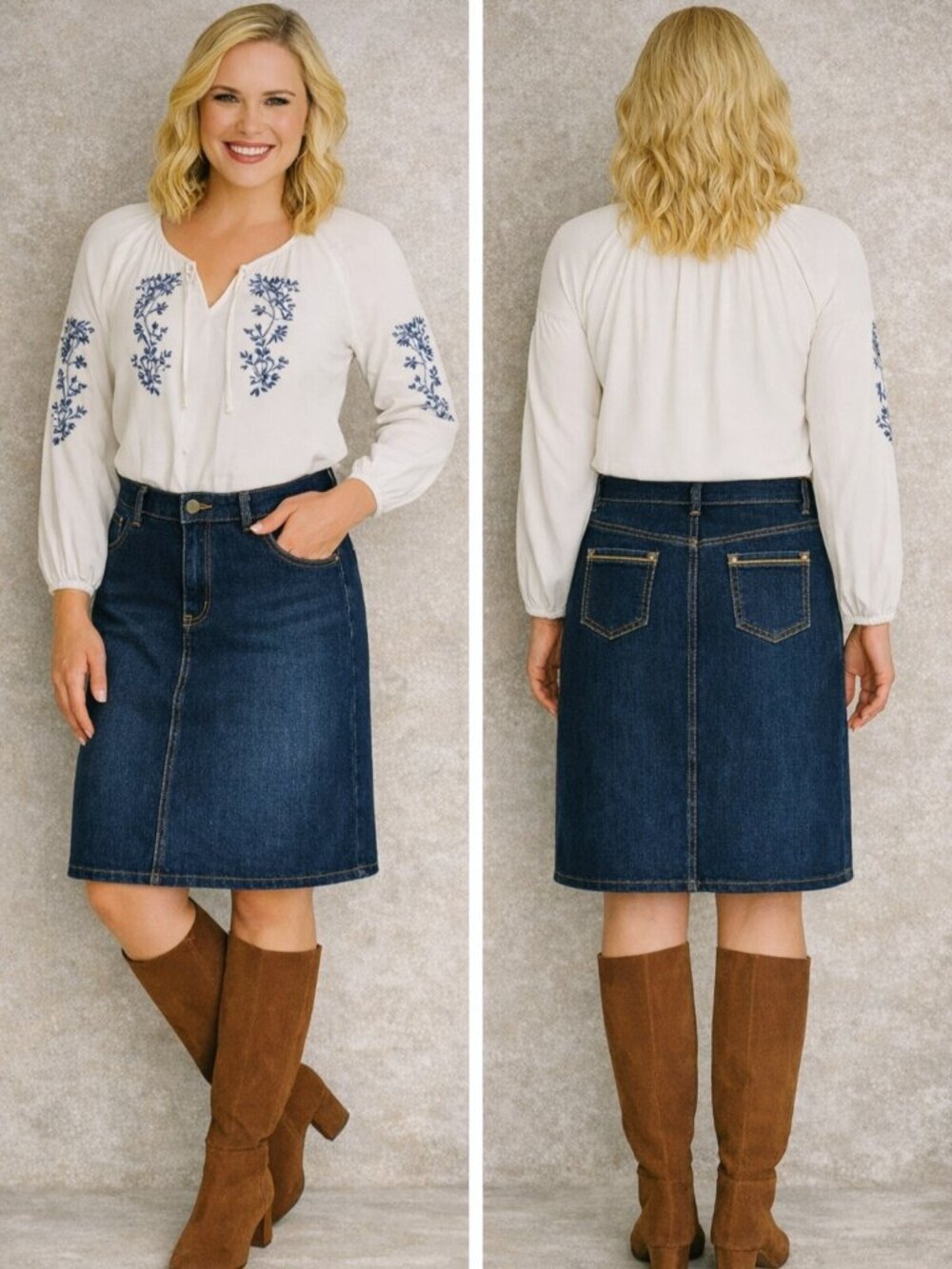 Vintage Christopher & Banks Denim Midi Skirt Exposed Zipper Detail Back Pockets